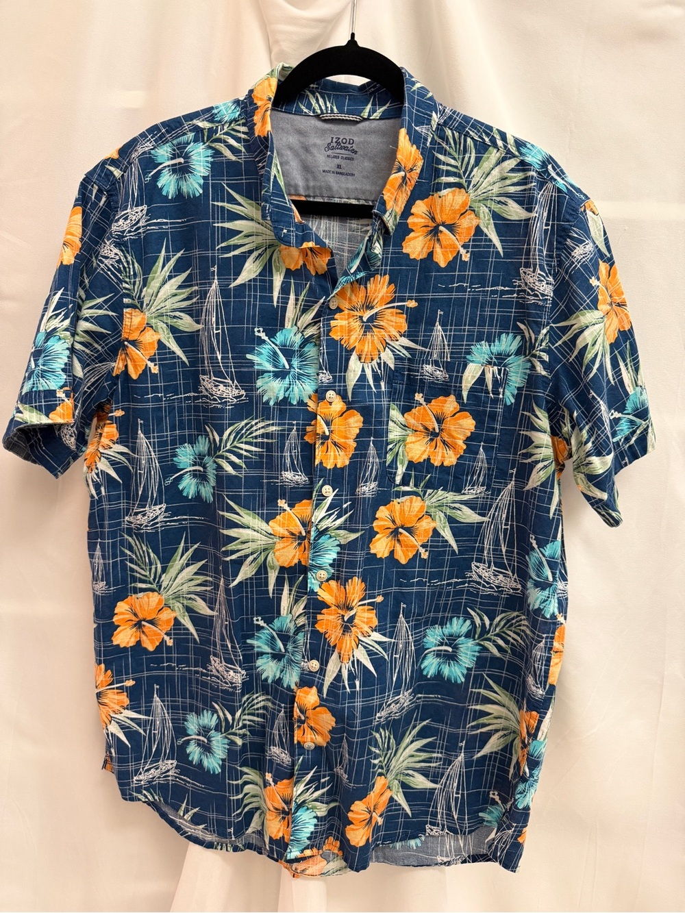IZOD Saltwater Hawaiian Shirt Classic Relaxed Blue Tropical Button Down Shirt